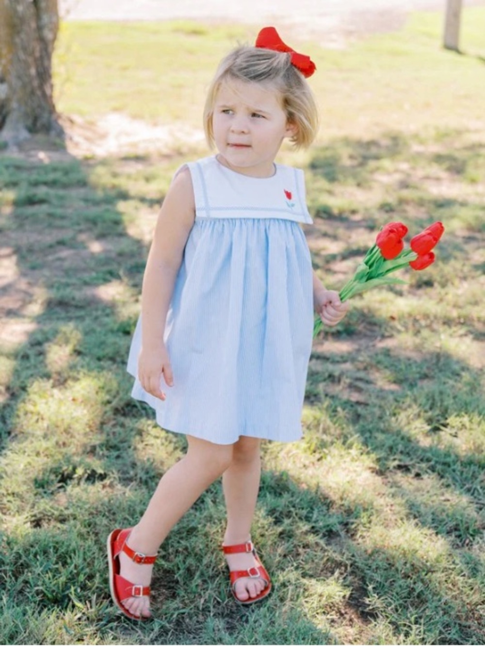 Proper Peony Girls Blue Scarlet Red Tulip on Collar Blue Pinstripe Sailor Dress
